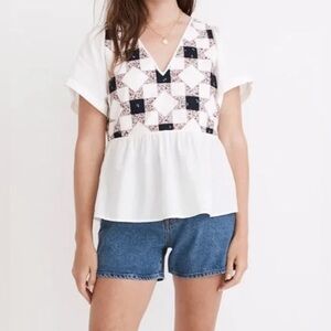 Madewell Flutter-Sleeve Peplum Top Cotton V-Neck Patchwork Quilt Size X-Large